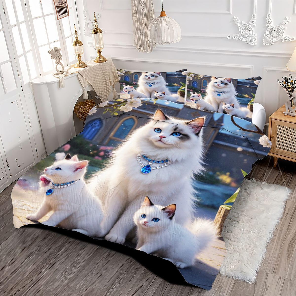 3 sztuki Kołdra 220 x 240 cm Dziecko Biały kot, Versátil Kołdra 4 pory roku 2 poszewki na poduszki 65 x 65 cm, Estilo Moderno Dwustronna Poszwa na kołdrę Sin Para 2 osoby_20161a