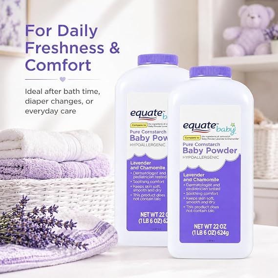 Pure Corn Starch Baby Powder Equate. Hypoallergenic Vitamin E Lavender -Talc-Free(Pack 2, 22 Oz.)