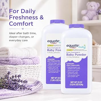 Pure Corn Starch Baby Powder Equate. Hypoallergenic Vitamin E Lavender -Talc-Free(Pack 2, 22 Oz.)