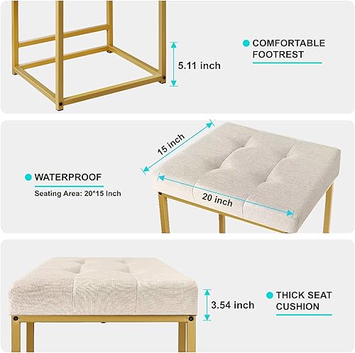 Miniatura 4 de Taburete de bar de lino de 24 pulgadas con marco de metal de latón taburetes tapizados sin espalda para isla de cocina cojín acolchado de grosor de