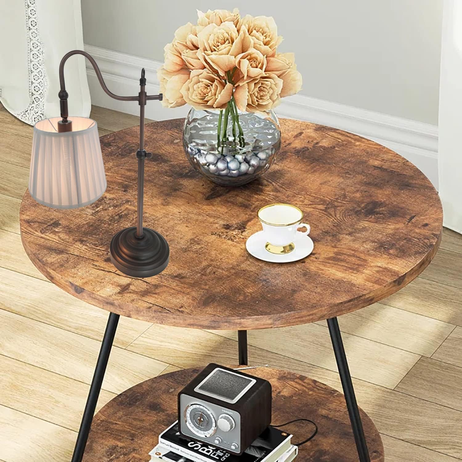 Farmhouse Table Lamps for Living Room, Rustic Desk Lamp with Adjustable Height, Industrial Reading Vintage Light with Pleated Fabric Lampshade for Bedroom, E26