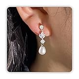 Pearl Earrings for Women, Gold Pearl Drop Earrings for Grils Boho Silver Dangle Earring as Wedding Gifts, Statement Silver Hoop Bride Earring Dainty Bow Jewelry as Prom Easter Accessories...