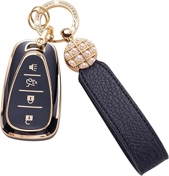 for Chevy Key Fob Cover with Leather Lanyard, Key Case Protection Shell Fit for Chevy Malibu Camaro Cruze Traverse Spark Equinox Sonic Volt Bolt Smart Key Holder, Black
