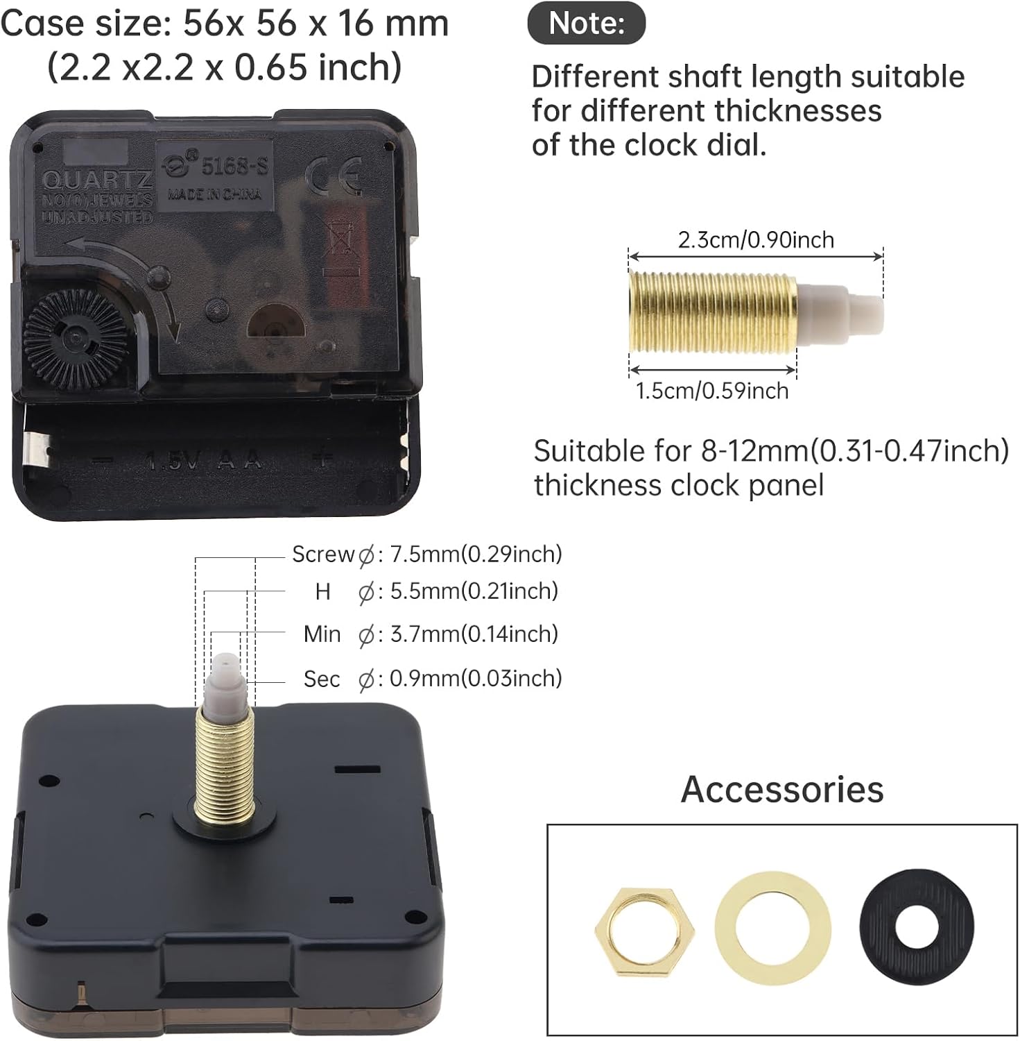 23mm(29/32 Inch) Shaft Length 15mm(19/23 Inch) Thread Length Quartz Silent Clock Movement Applicable Panel Thickness 12-16mm for Clock DIY/Repair