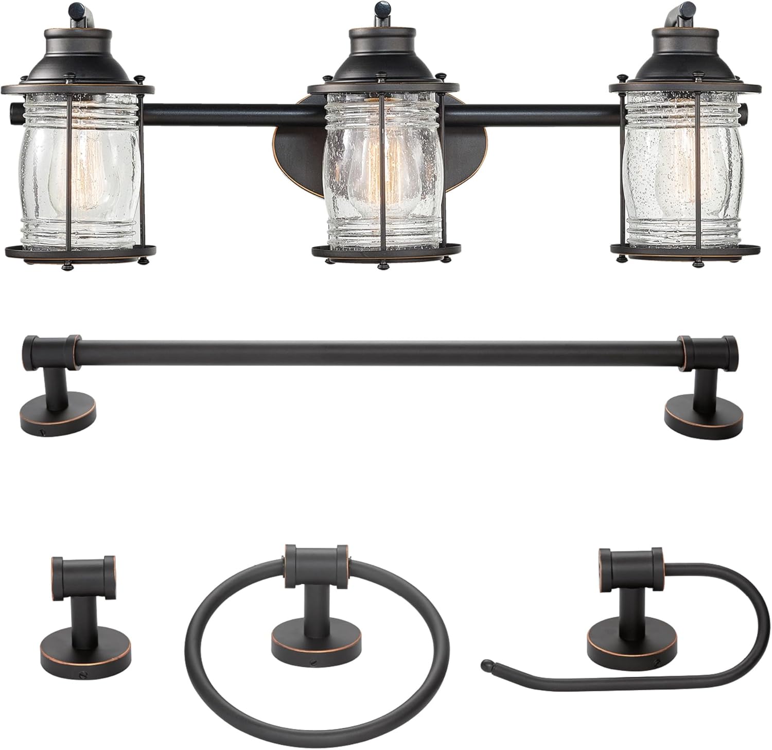 Globe Electric 51549 5-Piece All-in-One Bathroom Set, Oil Rubbed Bronze, 3-Light Vanity Wall Light with Ribbed Seeded Glass Shades, Towel Bar and Ring, Robe Hook, Toilet Paper Holder