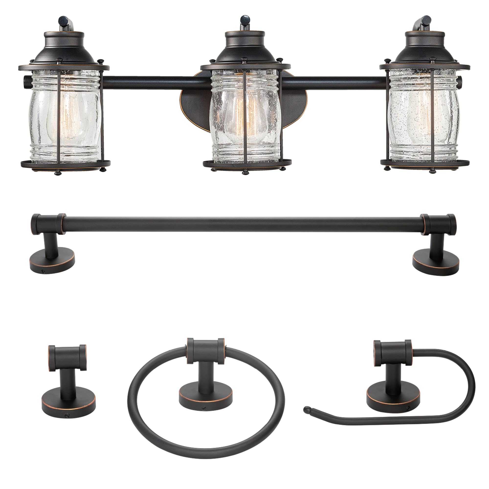 GLOBE Electric 51549 5-Piece All-in-One Bathroom Set, Oil Rubbed Bronze, 3-Light Vanity Wall Light with Ribbed Seeded Glass Shades, Towel Bar and Ring, Robe Hook, Toilet Paper Holder