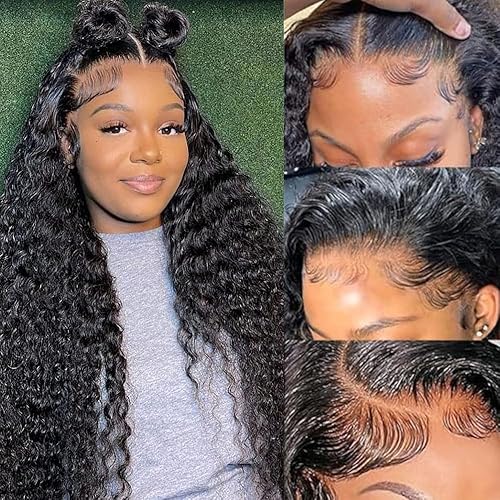 Miniatura 9 de Pelucas de cabello humano ondulado profundo con encaje frontal HD de 13 x 4 pulgadas, peluca de cabello humano rizado de densidad 200 para mujer