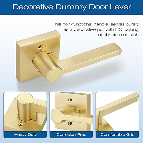 Miniatura 5 de EHOMEWARE - Paquete de 2 manijas de puerta satinadas de latón para puertas dummy, juego de manijas para puertas interiores para tirar o empujar