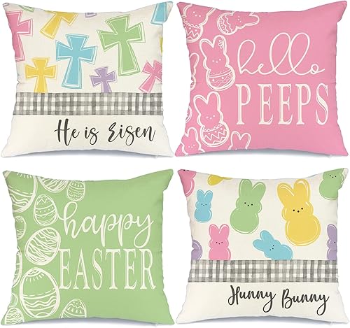 GEEORY Juego de fundas de almohada Happy Easter de 18 x 18 pulgadas Hello Peeps He is Risen Cross Hunny Bunny Spring Home Decor para sofá G205-18