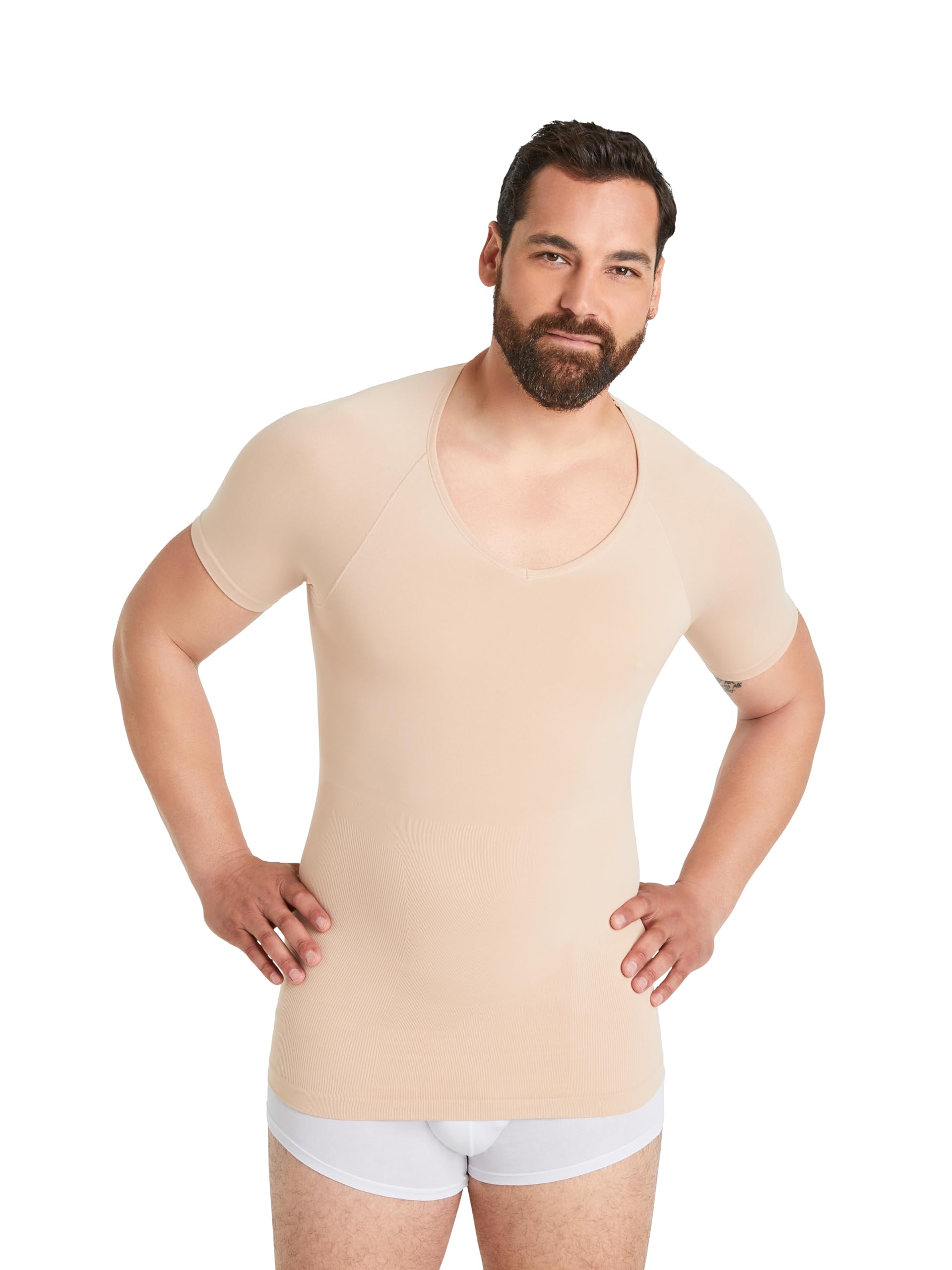 FINN Camiseta de compresión sin costuras para hombre con efecto de barriga, manga corta moldeadora sin costuras, moldeador de cuerpo fuerte para un vientre más plano