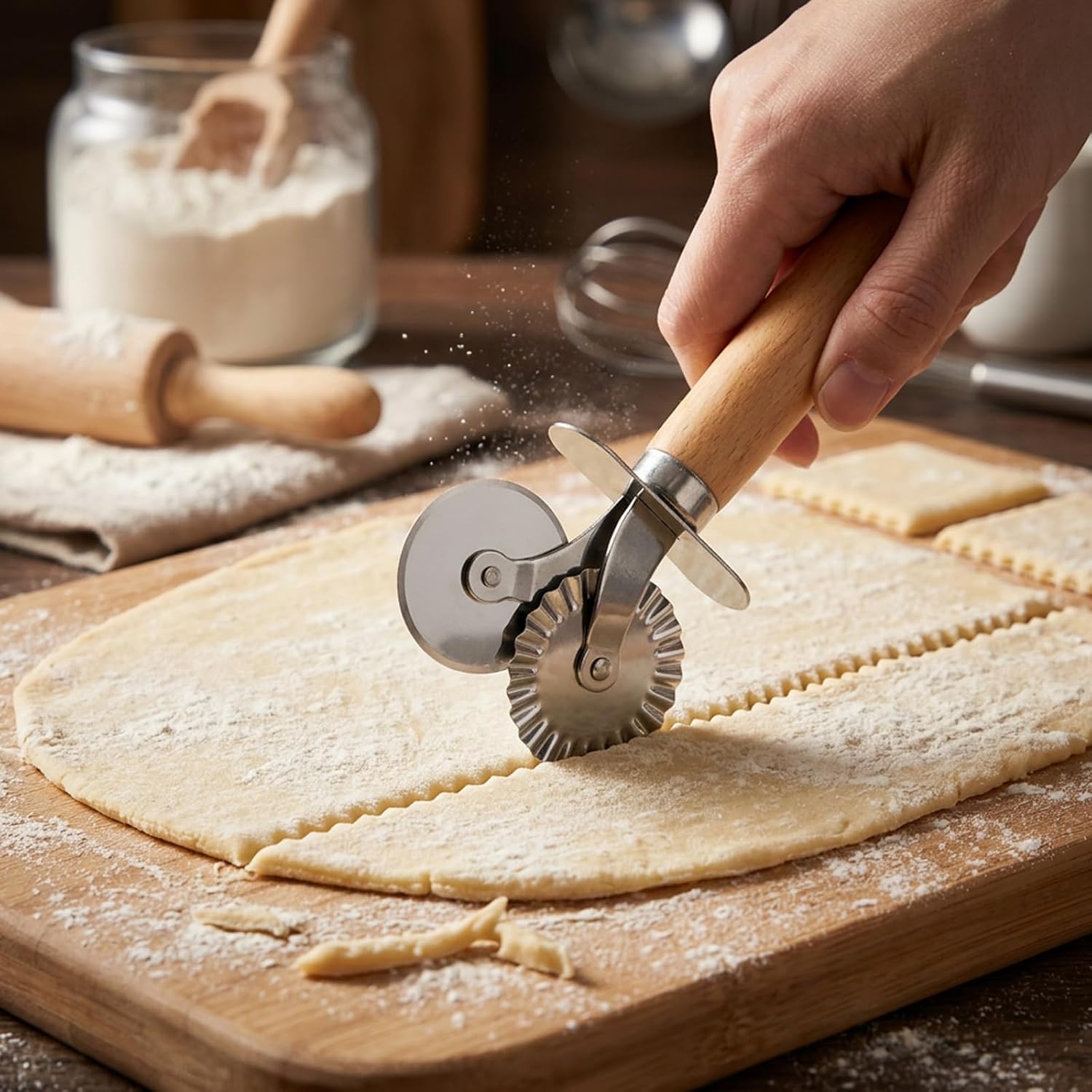 Oruola Pasta Wheel Cutter, Double Fluted Pastry Cutter Wheel,Double-Blade Ravioli Cutters,Stainless Steel Double Roller Dough Cutters with Wooden Handle for Pizza,Ravioli,Cookies