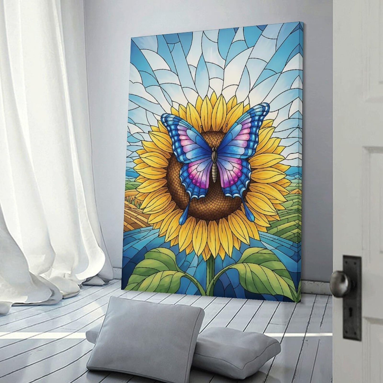 Junmoney Frame-Style-6 Butterfly On Sunflower Stained Glass Style Home Decor Wall Art 20X30inch(50X75cm), For Bedroom, Guest Room Or Reading Nook, Decorative Wall Art For Cosy Rooms