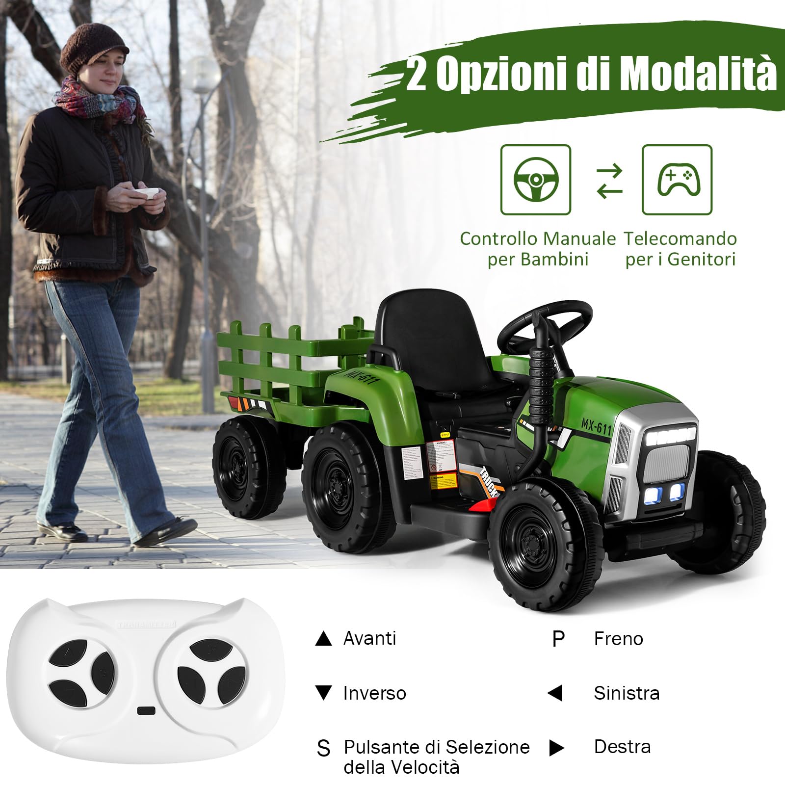 GYMAX Trattore Elettrico per Bambini con Telecomando, Giocattolo Cavalcabile con Funzione di Luce, Musica e Bluetooth, 6 Ruote Antiscivolo, 136 x 51 x 52 cm (Verde Scuro)