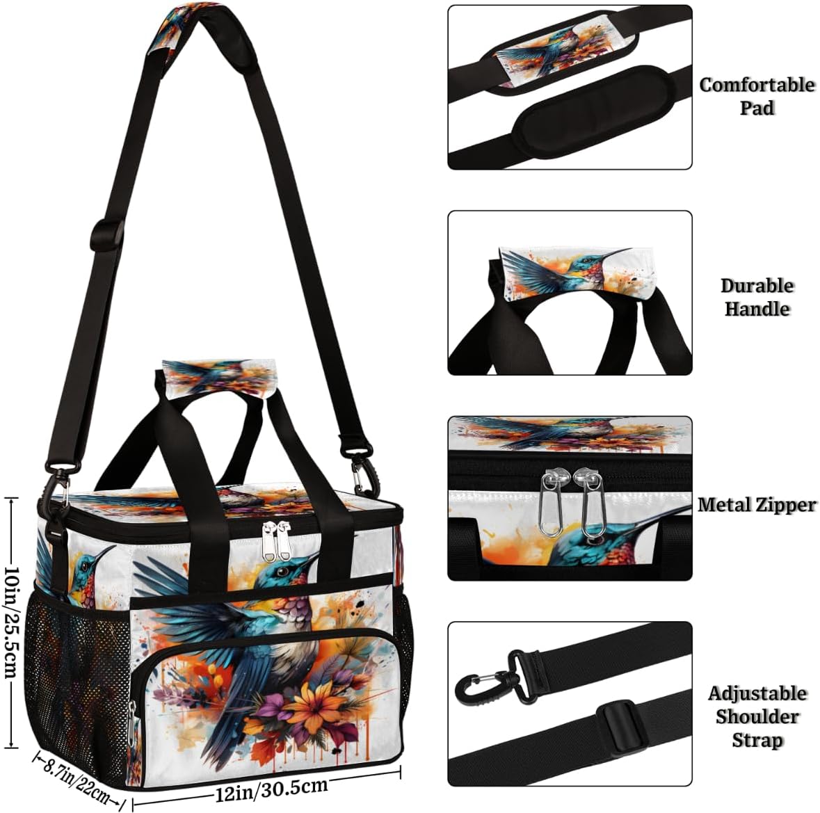 Floral Hummingbird Insulated Picnic Backpack Lunch Box for Women Men Picnic Basket Tote Lunch Bag Picnic Bag Portable Lunch Bags for Picnic, Beach, Work, Trip,Office, Camp Colibri Bird