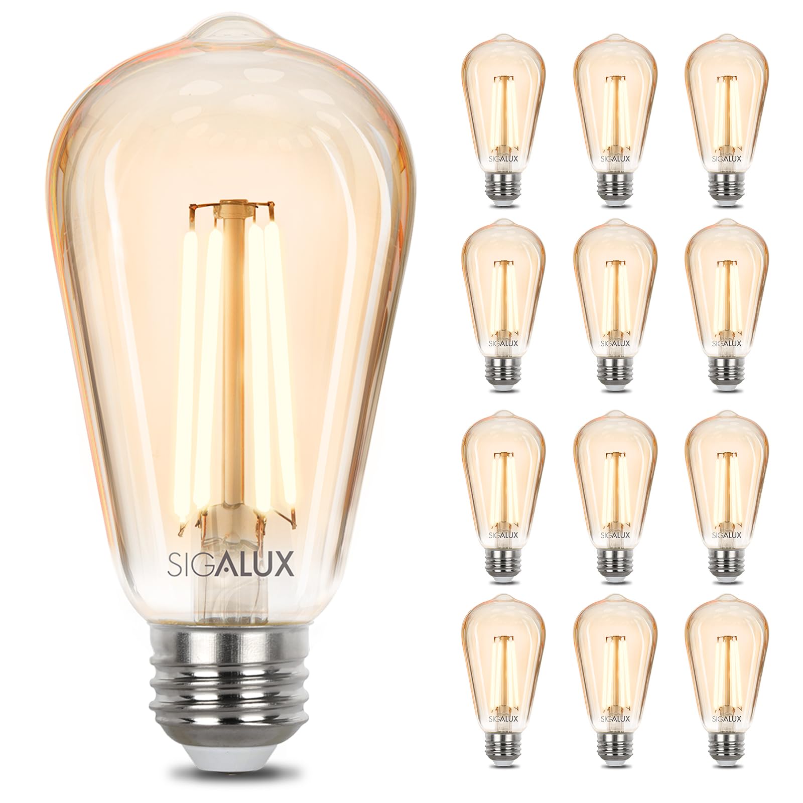 Sigalux Edison Bulbs, E26 LED Bulb 60 Watt Dimmable Vintage Light Bulbs, LED Filament Amber Light Bulb with 90 CRI, ST19 Antique Old Fashioned Retro Light Bulb 2700K Soft White, 9W, 700LM, 12 PackF