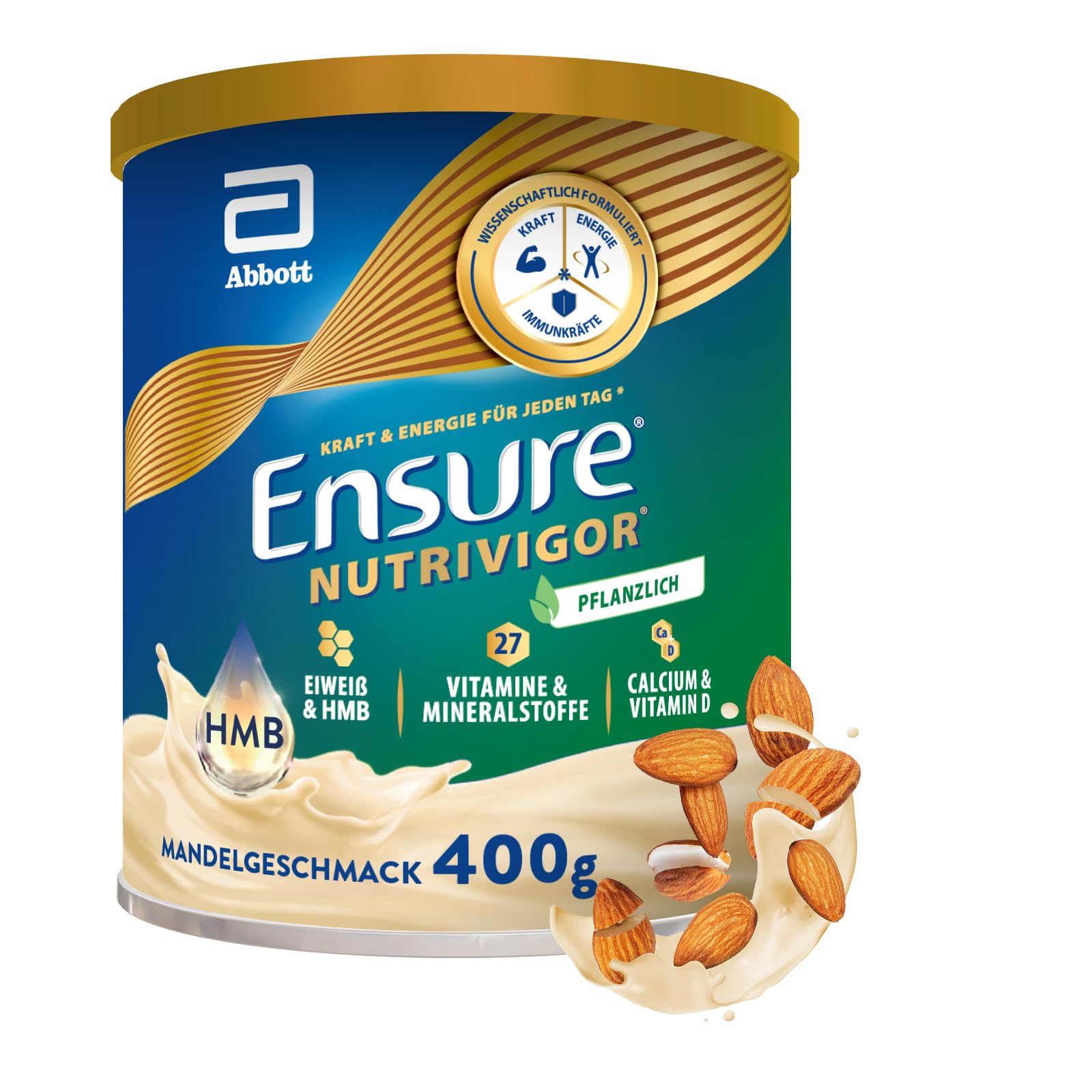 Ensure NutriVigor Plant Based 400g Mandelgeschmack Nahrungsergänzungsshake: Proteine, 27 Vitamine & Mineralstoffe, Vitamin C, Vitamin D, Zink und Magnesium – Für eine gesunde, ausgewogene Ernährung
