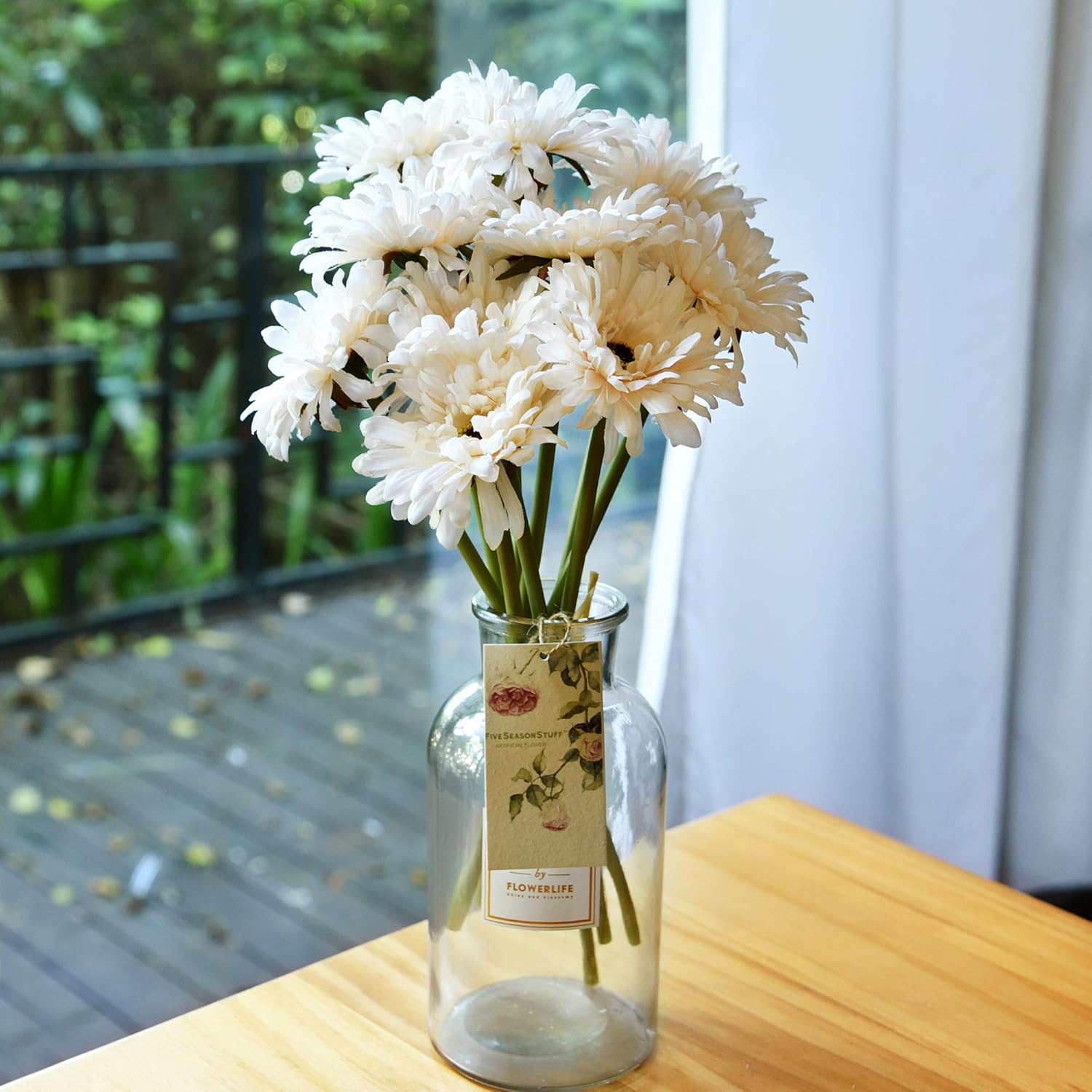 FiveSeasonStuff Gerbera Daisy, Outdoor Artificial Silk Flowers Arrangement & Wedding Bouquet (10 Floral Stems, Champagne Ivory)