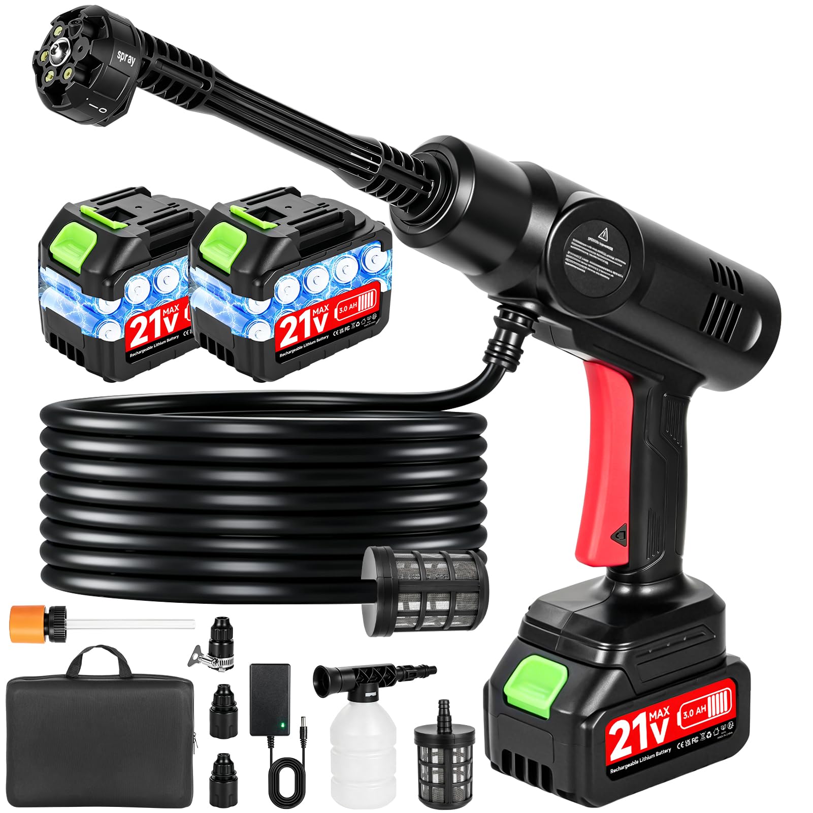 Akku-Hochdruckreiniger 80 Bar, 240L/h, 2x3.0Ah – kabellos, 6-in-1 Düse, Schaumflasche, 5m Schlauch, 10m Strahlweite – Akku Druckreiniger für Auto, Fahrrad, Terrasse & Garten.