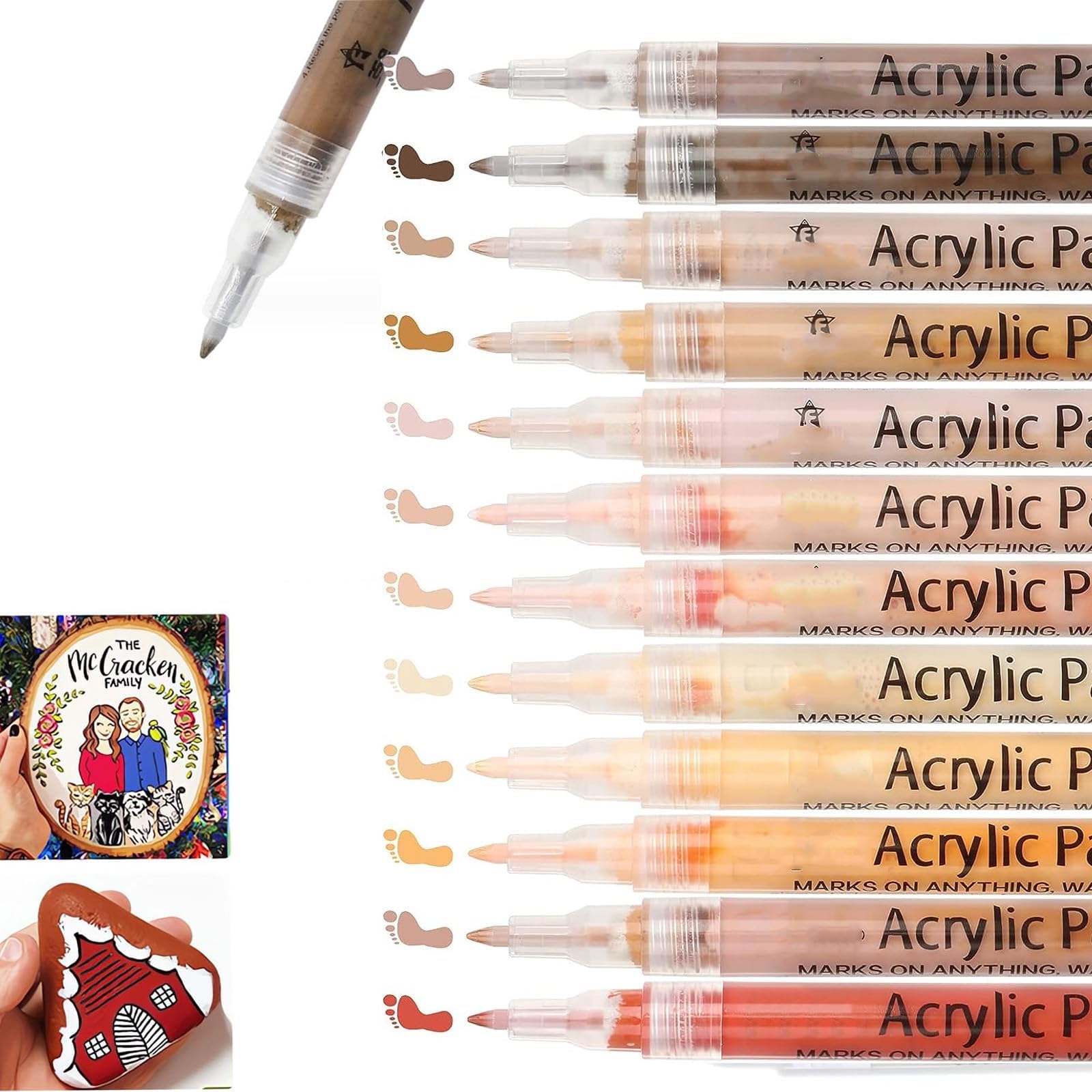 Azonee Art Markers, Set of 12 Acrylic Paint Pens Skin Colors Paint Markers for Rocks Canvas Tiles Glass Ceramic Wood Sketch Portrait Manga Drawing Illustration Sketching, Extra Fine Tip