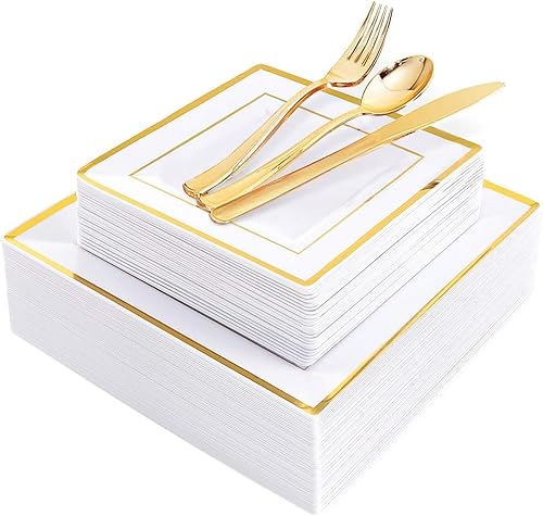 WDF Vajilla de125 piezas de plástico desechable platos cuadrados con borde dorado 25 platos extendidos, 25 platos de ensalada, 25 tenedores, 25