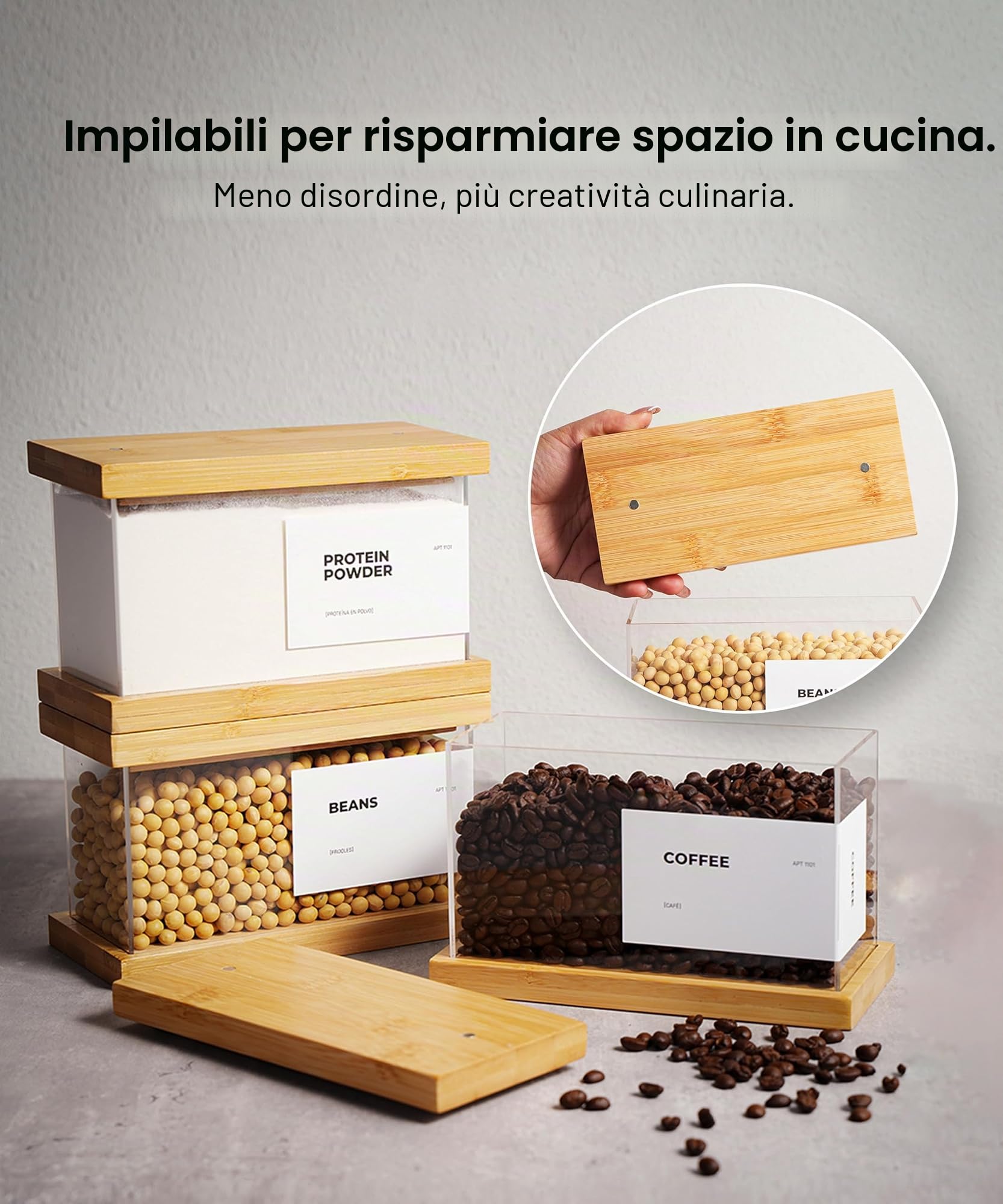 APT 1101 Dispenser per alimenti in bambù, organizer da cucina e contenitore, ermetico, per cereali, riso, farina, snack (2, grande)