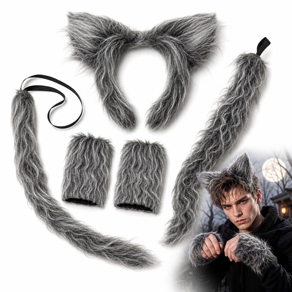 XcnPer 4Pcs Wolf Costume Set with Wolf Ears and Furry Tail, Complete Animal Costume Accessories for Halloween Parties and Cosplay Events, Includes Wolf Headband Tail and Gloves