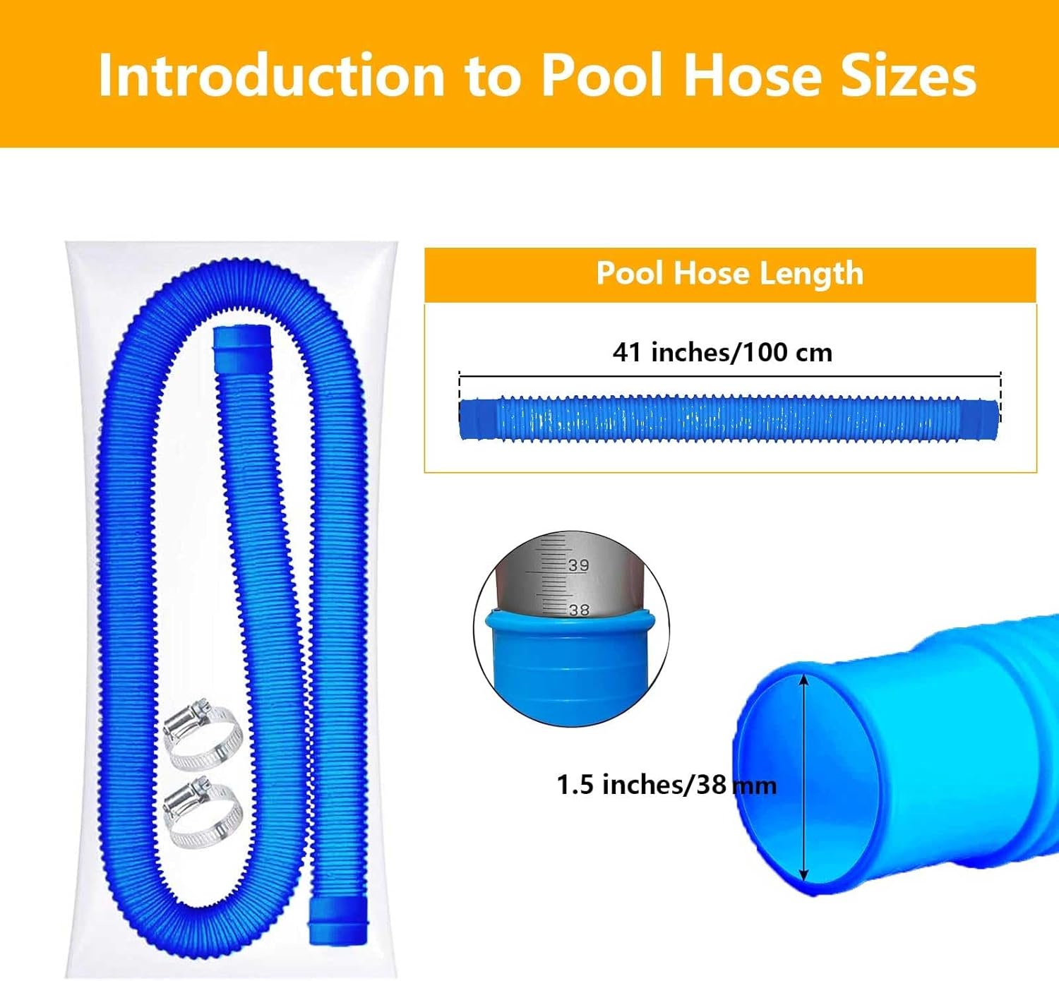 1-1/2-Inch Pool Hoses for Above Ground Pools with Clamps - 1.5" Diameterd Replacement Pool Pump Hose Compatible with Intex Coleman Skimmer Surface Pool Pump (Blue -3 Pack)