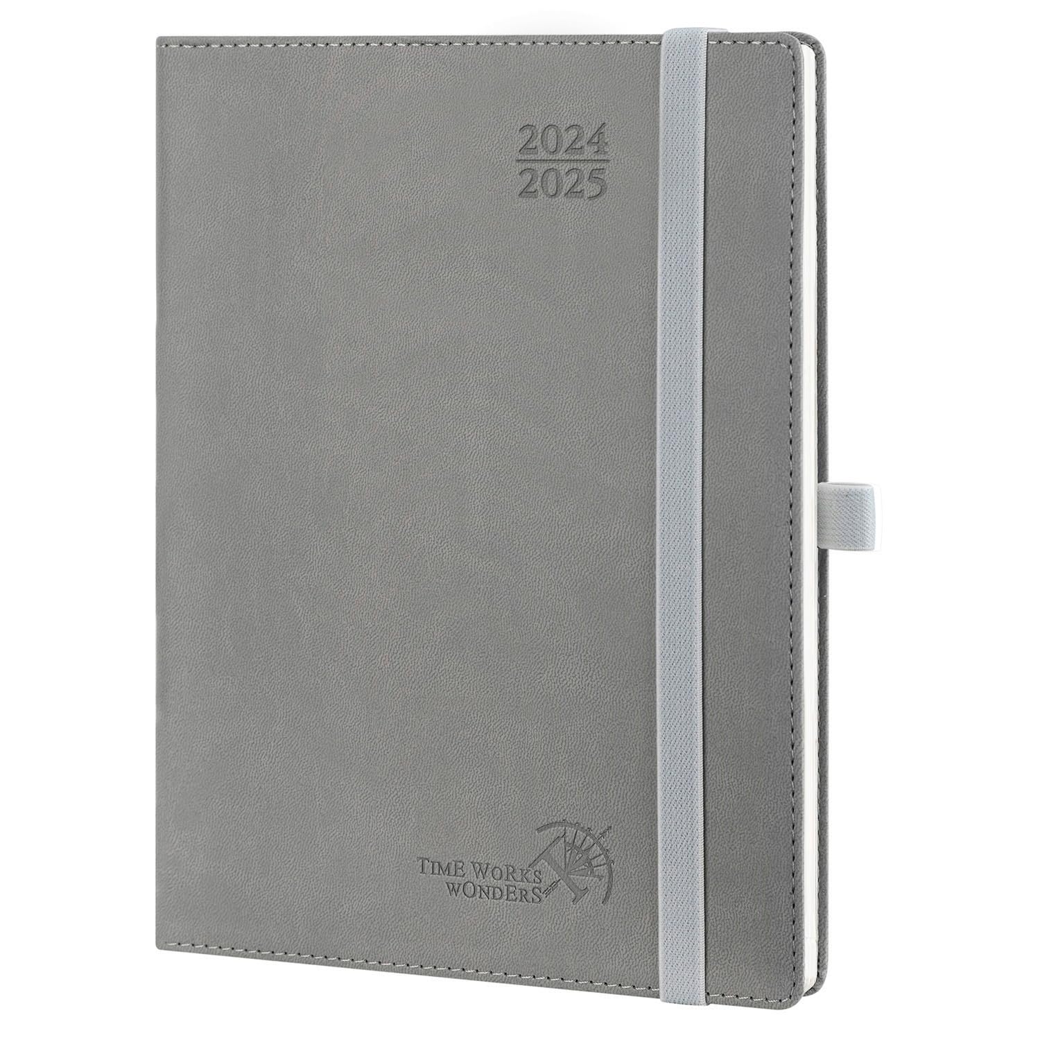 POPRUN Agenda 2024 2025 Semana Vista 22 x 16,5 cm, Agenda Semanal 17 Meses de Ago.2024 a Dic.2025, Tapa Blanda en Cuero Vegano, Porta Boligrafos Autoadhesivo, 80 GSM Papel, Gris