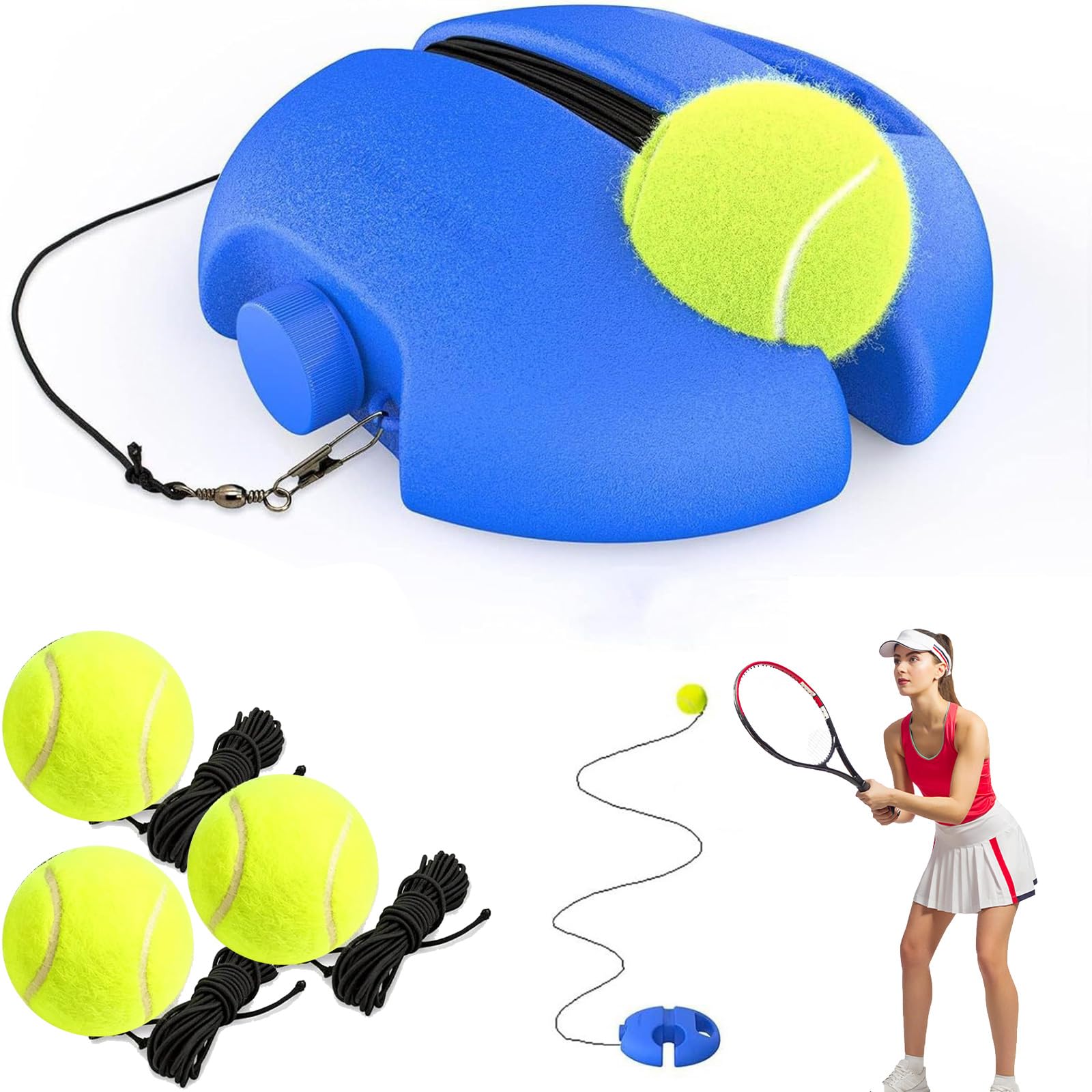 Tennis Trainer Rebound Ball with String, Portable Tennis Equipment Built-in Storage Space, Portable Anti-Tangle Self-Practice Training Tool for Adults Kids Beginners & Tennis Players (With 3 Balls)