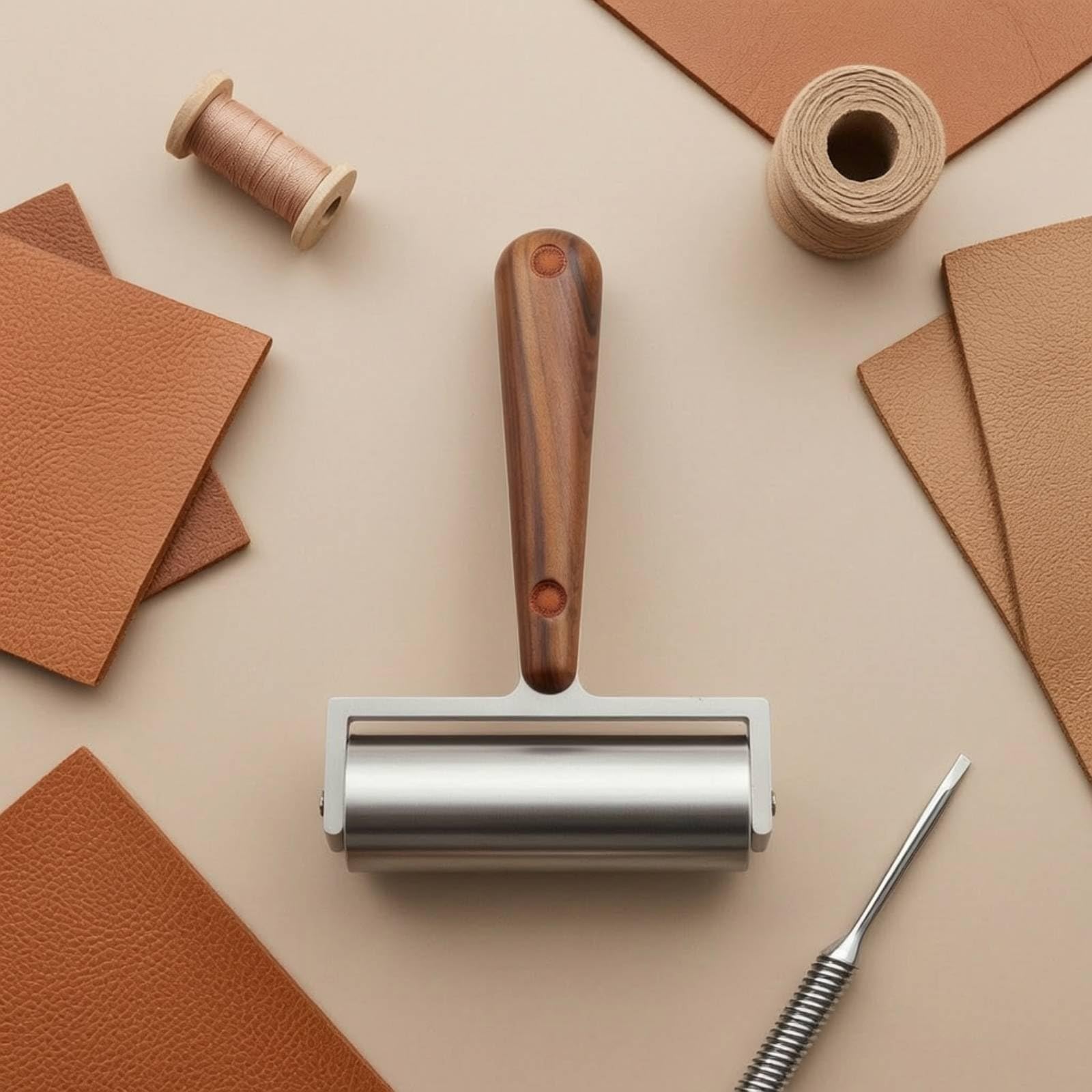 Rullino Pressatore a Doppio Cuscinetto Rullo con Manico in Legno Durevole Utensile per Appassionati di Fai da Te, Lavorazione Del Cuoio