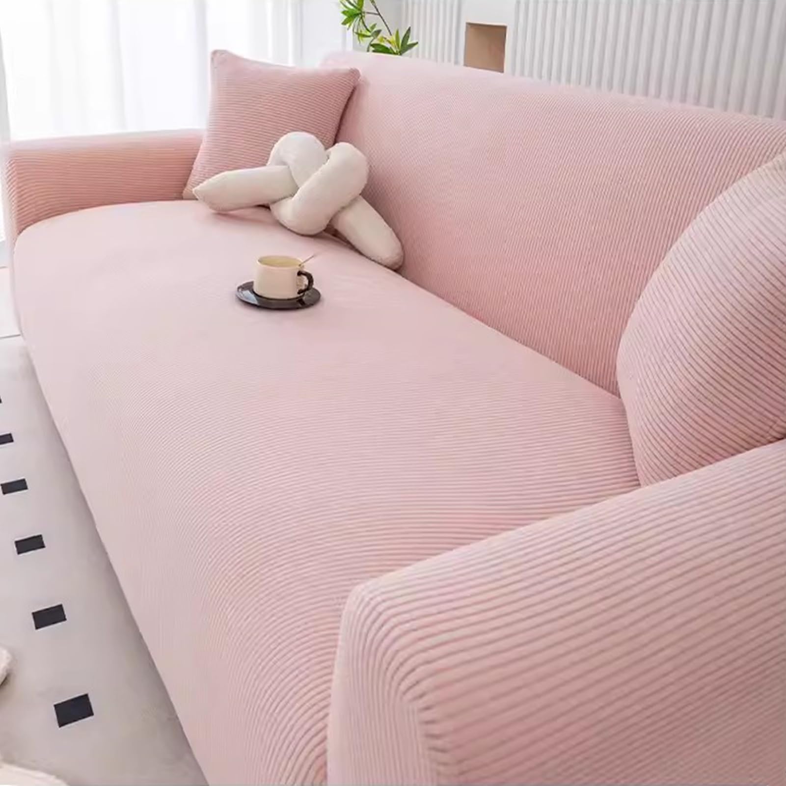 Housse de canapé élastique 3 places protection meubles extensible rose