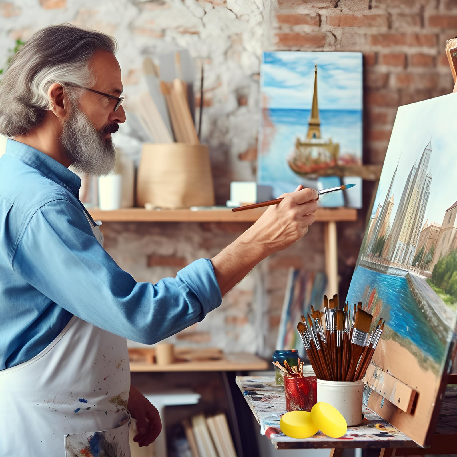 UCAMP Set di pennelli acrilici di alta qualità, 32 pennelli per artisti, set di pennelli per pittura a olio, in nylon, corpo in legno, pennelli per pittura artistica, acquerello, olio