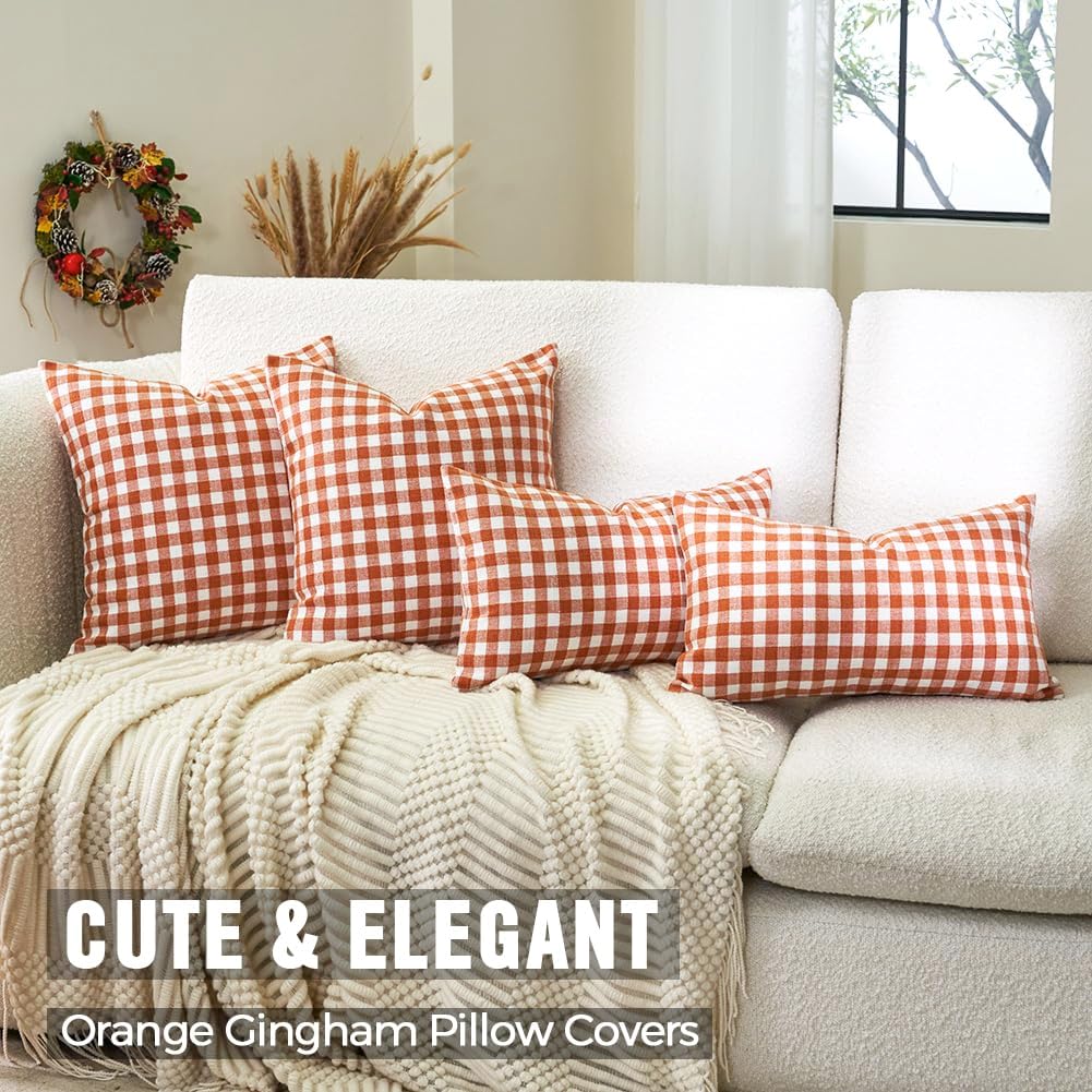CARRIE HOME Fall Orange and White 22x22 Pillow Covers Set of 2, Rust Orange Checkered Gingham 22 x 22 Pillow Covers, Fall Farmhouse Outdoor Porch Decor Plaid Throw Pillows for Patio Furniture