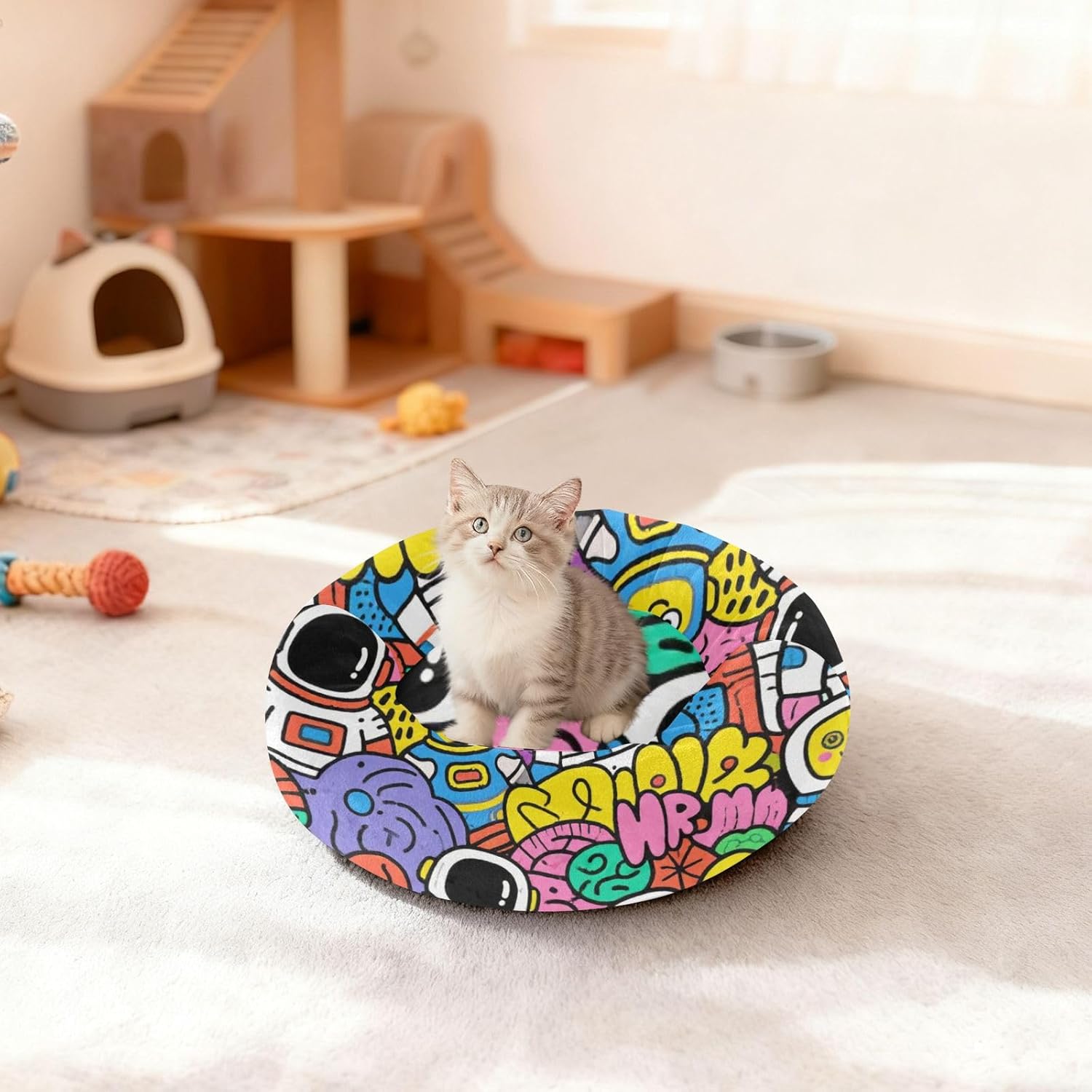 Astronaut Doodle Pet Dog Beds Anti-Slip Cat Pillow Bed for Extra Small Size Pets Sleeping M