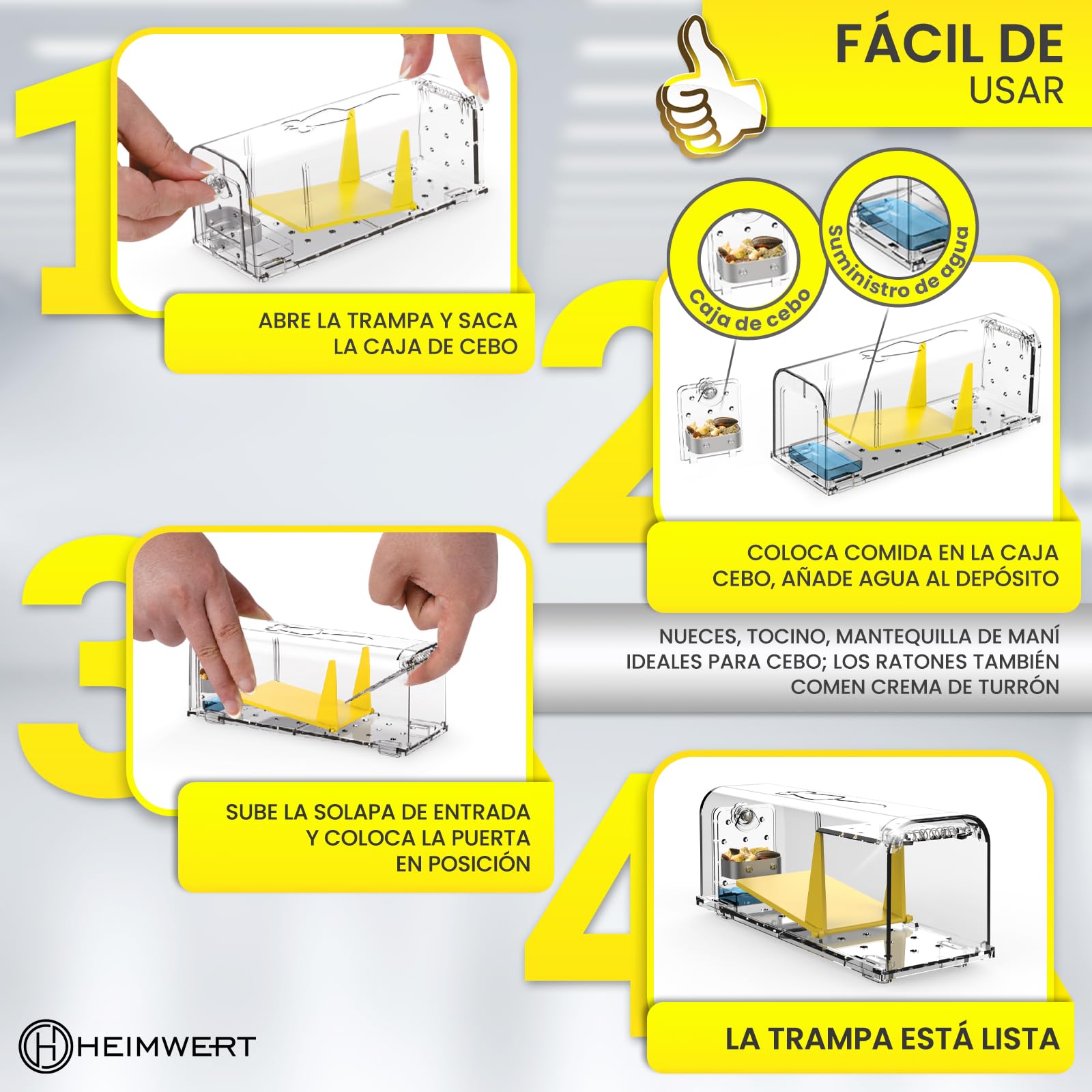 HEINWERT Trampa Para Ratones en Vivo con Depósito de Agua + Caja de Cebo para Ratones + Ventilación. Ratoneras para Ratones con Salida de Liberación Rápida sin Contacto. 2 Juegos de Cepos para Ratones