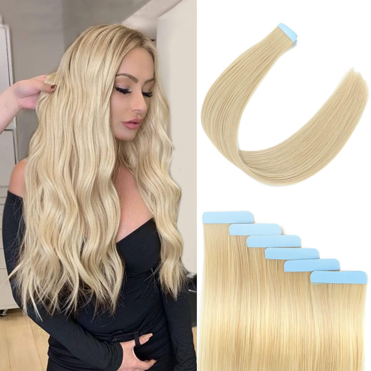 Synthetic Tape in Hair Extensions,18 Inch Hair Extensions 20pcs 50 Gram Straight Synthetic Tape in Extensions Skin Weft Natural Looking Hair(#6-1,Color of Picture)