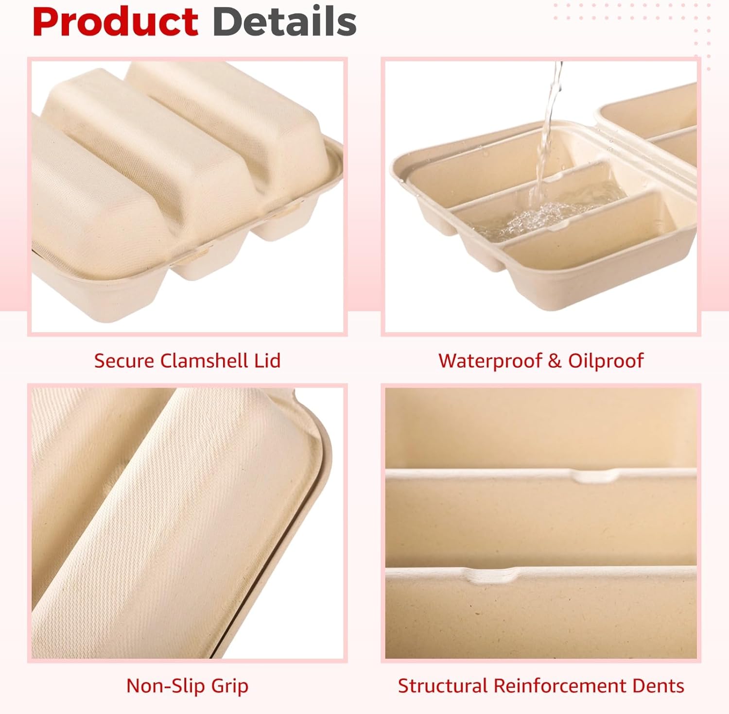 100 PCS Taco Plates Disposable with Lid 8.4 * 7.1 * 3in, 3-Slot Taco Holder, Bagasse Pulp Takeout Food Holders for Tacos, Hot Dogs, Sandwiches, Outdoor Lunch and Party Serving (100Pcs)