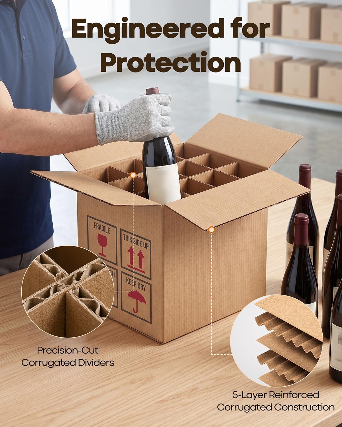 3 Pack Wine Bottle Moving Box, Wine Bottle Boxes for Moving, Wine Shipping Boxes with Dividers, Thickened Corrugated Paper Suitable for Moving Storage,Glassware and Wine Bottles