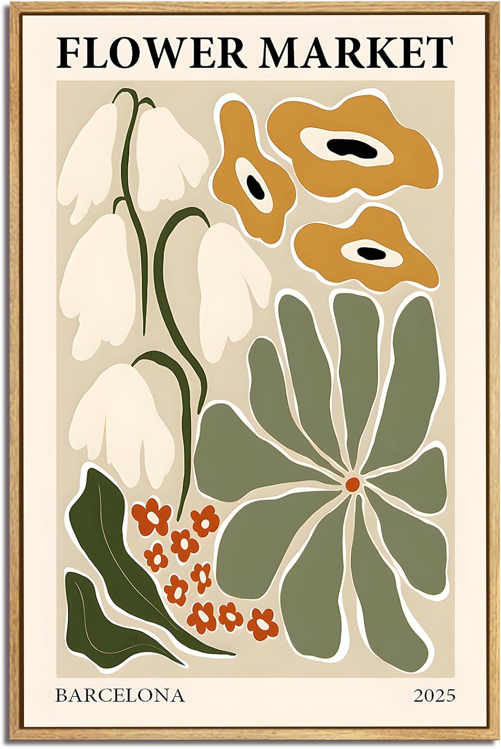 Gufro Flower Market Framed Canvas Wall Art，Green Fresh Boho Floral Wall Decor，Abstract Colorful Botanical Painting-16x24in