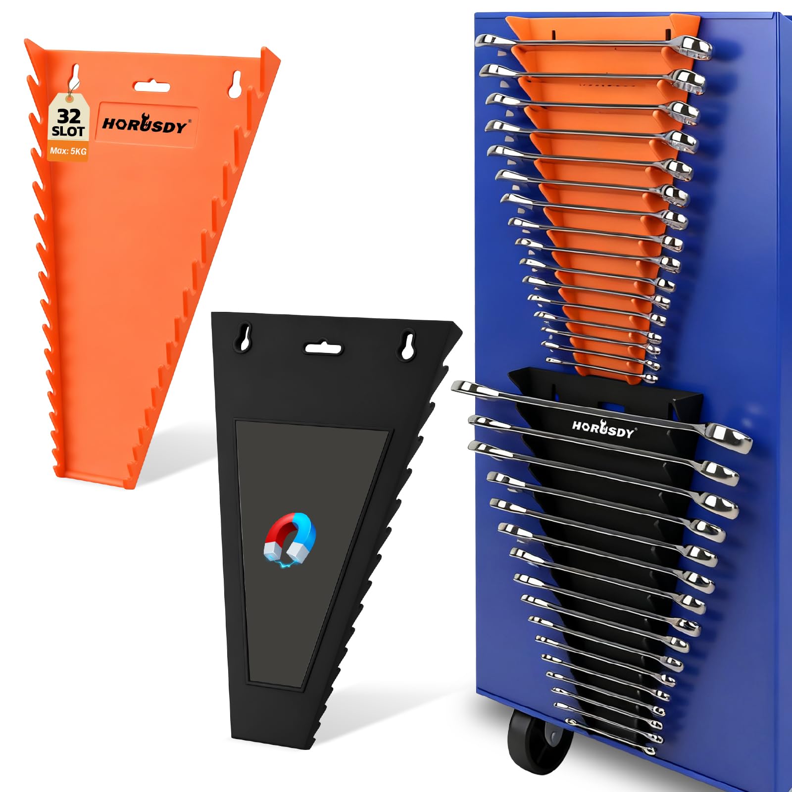 HORUSDY 2-Piece Magnetic Wrench Organizer, 32-Slot Wrench Storage Rack for Toolboxes, Drawer & Garage, SAE (1/4" - 1-1/16") & Metric (6mm - 24mm) Wrench Holder, Black & Orange, 11LBS Capacity