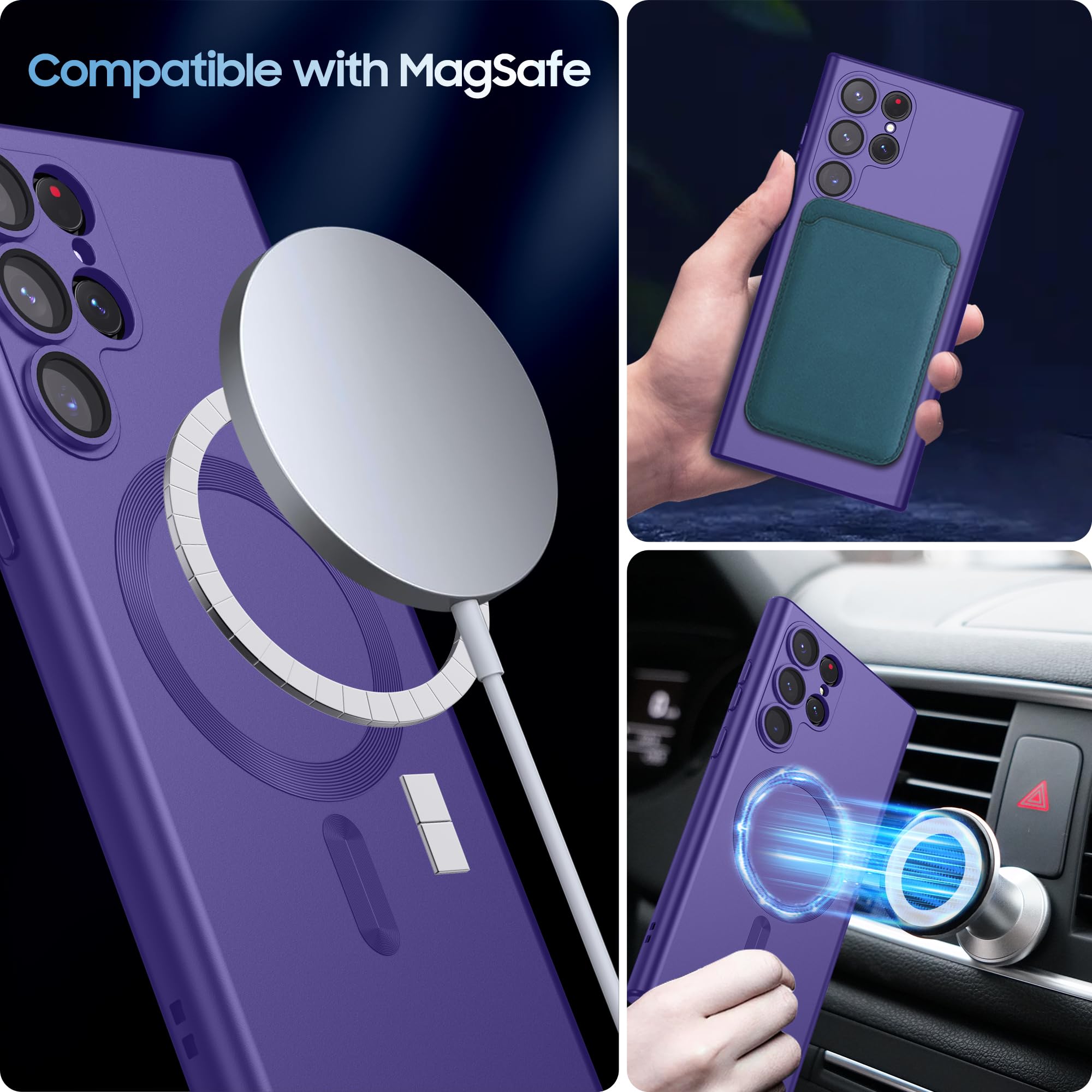 MAKAVO Funda Mate para Samsung Galaxy S22 Ultra, Compatible con MagSafe, Cubierta magnética Delgada con Protector de Lente de cámara Integrado, Carcasa a Prueba de Golpes (Morado)