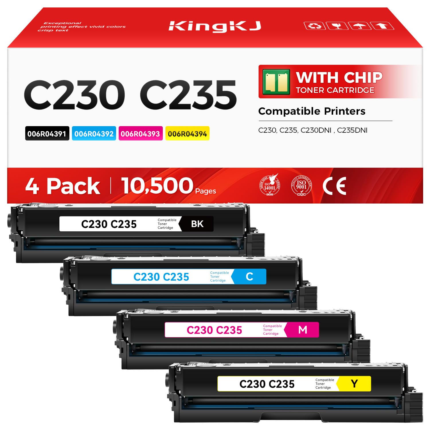 C230 C235 Toner Cartridge Set 4-Pack with chip High Yield Replacement for 006R04391 006R04392 006R04393 006R04394 Compatible with Xerox C230 C235 C230DNI C235DNI Printer Ink Black Cyan Magenta Yellow