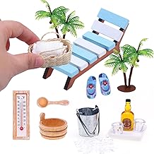 15 Pièces Miniature Sauna Décoration Ensemble avec Saunakübel Palmier Decoration Chaise Longue Bois et Autres Miniatures Accessoires pour Objet pour Maison de Poupée Cadeau Noël DIY