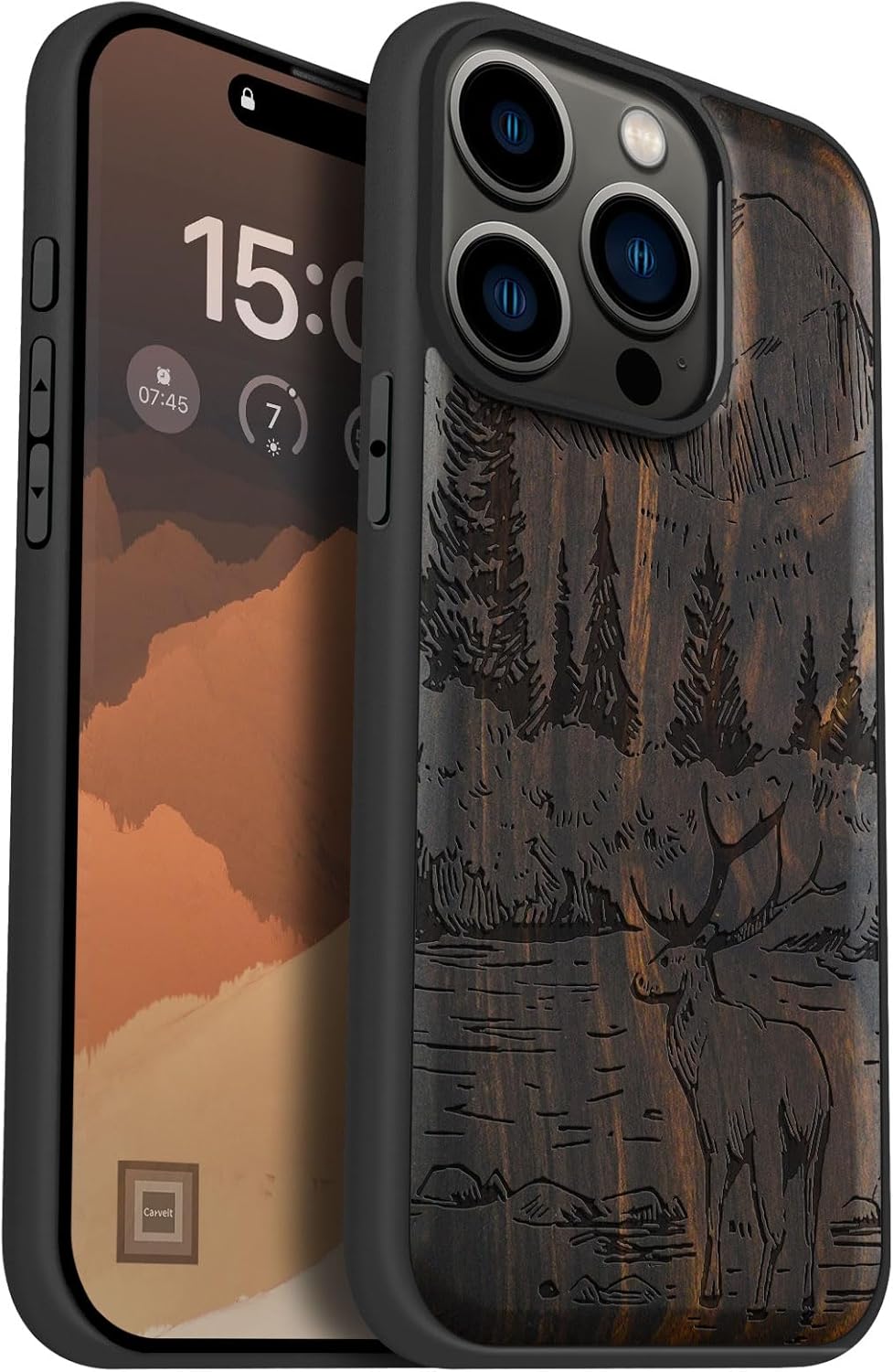Carveit Magnetic Wooden Case for iPhone 15 Pro Case, Compatible with MagSafe Wireless Chargers, Black Soft TPU Shockproof Cover & Wood Artisan Engraved, (Mountains and Deer) Blackwood