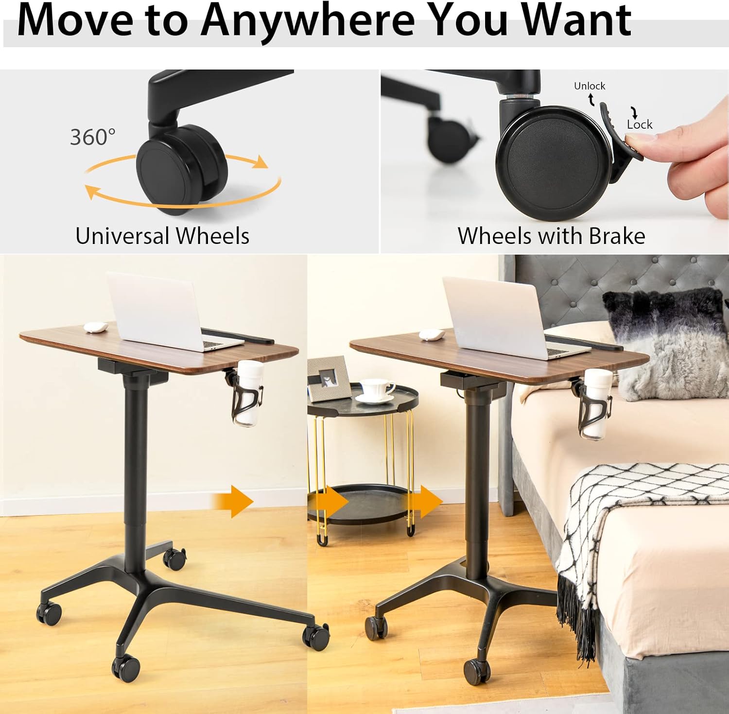 Tangkula Mobile Standing Desk, Height Adjustable Sit to Stand Desk with Detachable Holder, Slot, Rolling Laptop Presentation Cart, Pneumatic Lift Podium for School & Conference Room (Rustic Brown)