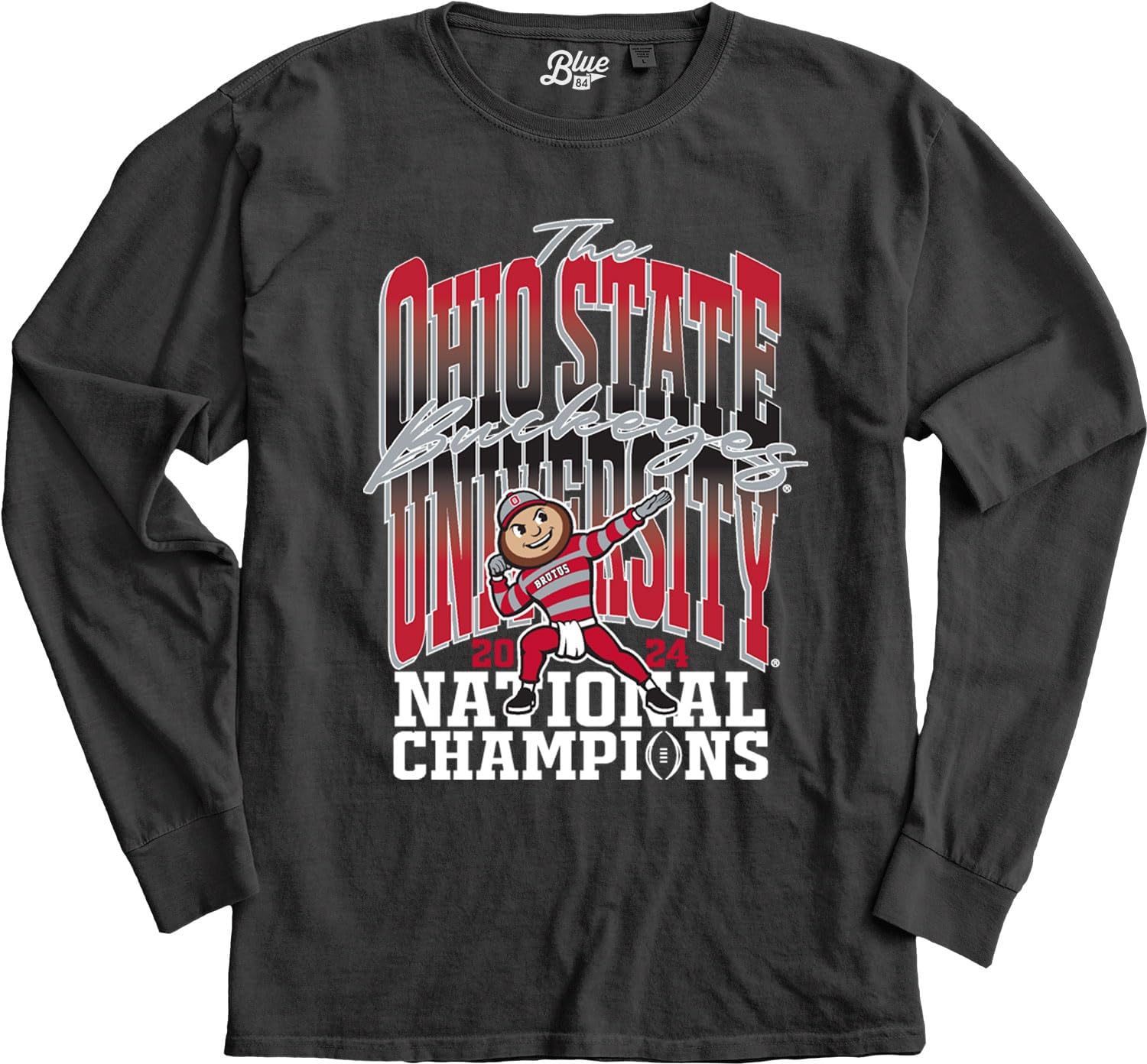 NCAA Officially Licensed Ohio State Buckeyes National Champs 2024 Long Sleeve T-Shirt Dyed Coal Front/Back
