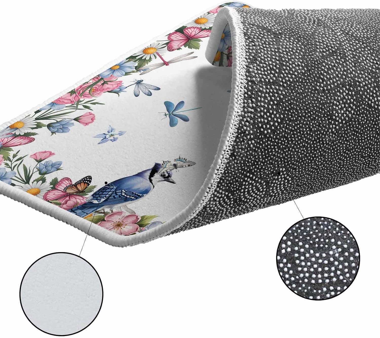 Spring Floral Kitchen Rugs and Mats Set of 2, Non-Slip Kitchen Sink Mat, Watercolor Flower Butterflies Birds Plant Washable Doormat Bathroom Rugs Runner for Bedroom/Living Room 17.7"x30"+17.7"x47.2"