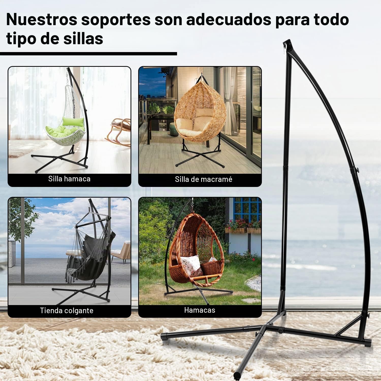 Sonnewelt Hamaca colgante de 150 kg, estructura metálica estable, soporte tubo acero 215 cm interior-exterior