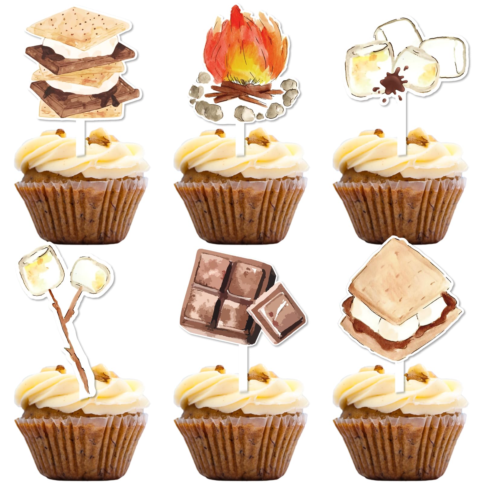 Jollyboom 24Pcs Smore Party Decoration Cupcake Topper, S’more Birthday Cupcake Topper Double-sided Printing Campfire Cupcake Topper for Boys Girls S’more Theme Camping Birthday Party Baby Shower Party