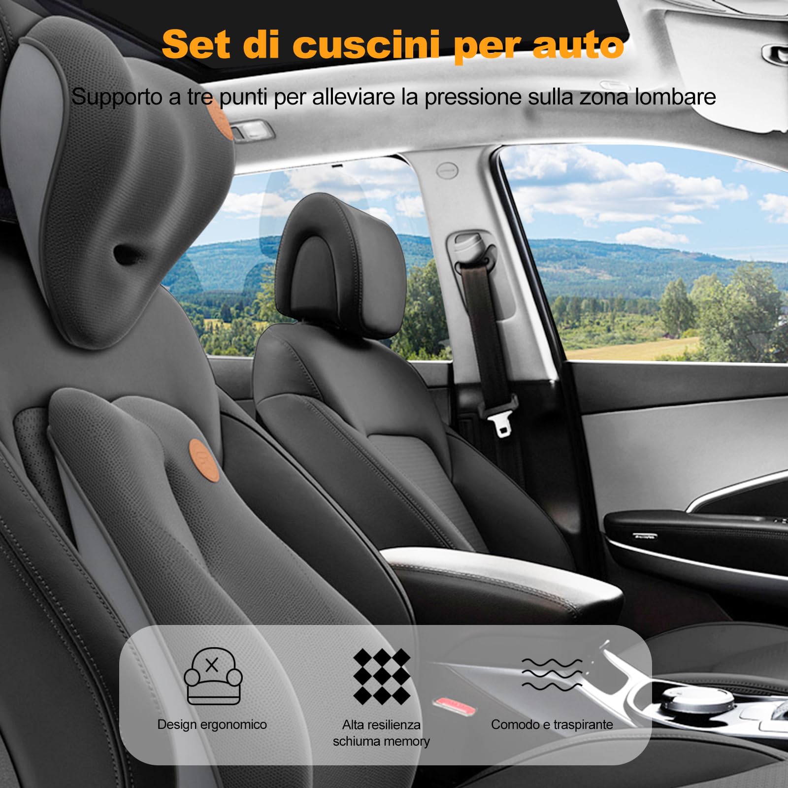 Ergocar Cuscino per Il Collo e Cuscino Lombare per Sedia da Ufficio/Auto/Gioco, Traspirante Memory Foam Cuscino Cervicale e Cuscino Lombare Supporto, Nero (Nessuna funzione di massaggio)